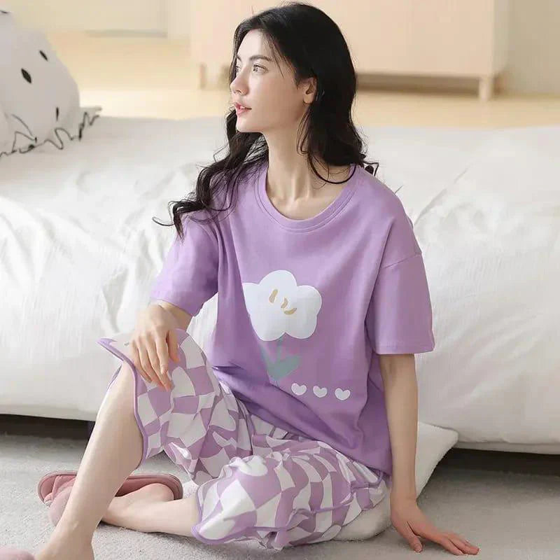 11.11 Sale SR-FLOWER PRINTED NIGHT SUIT - PURPLE