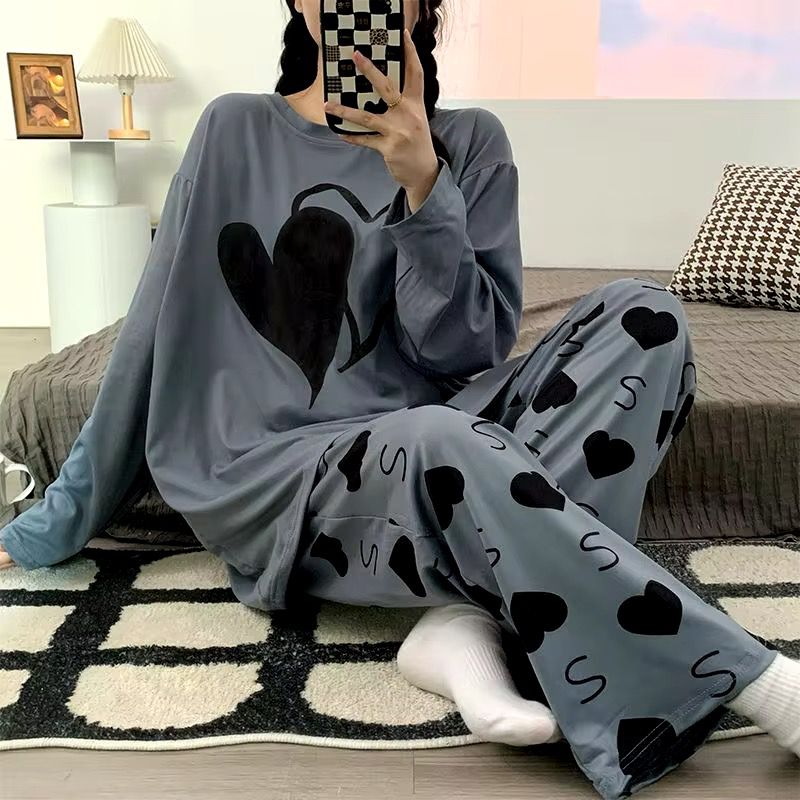 Double Heart Printed PJ Suit - Grey Full Sleeves