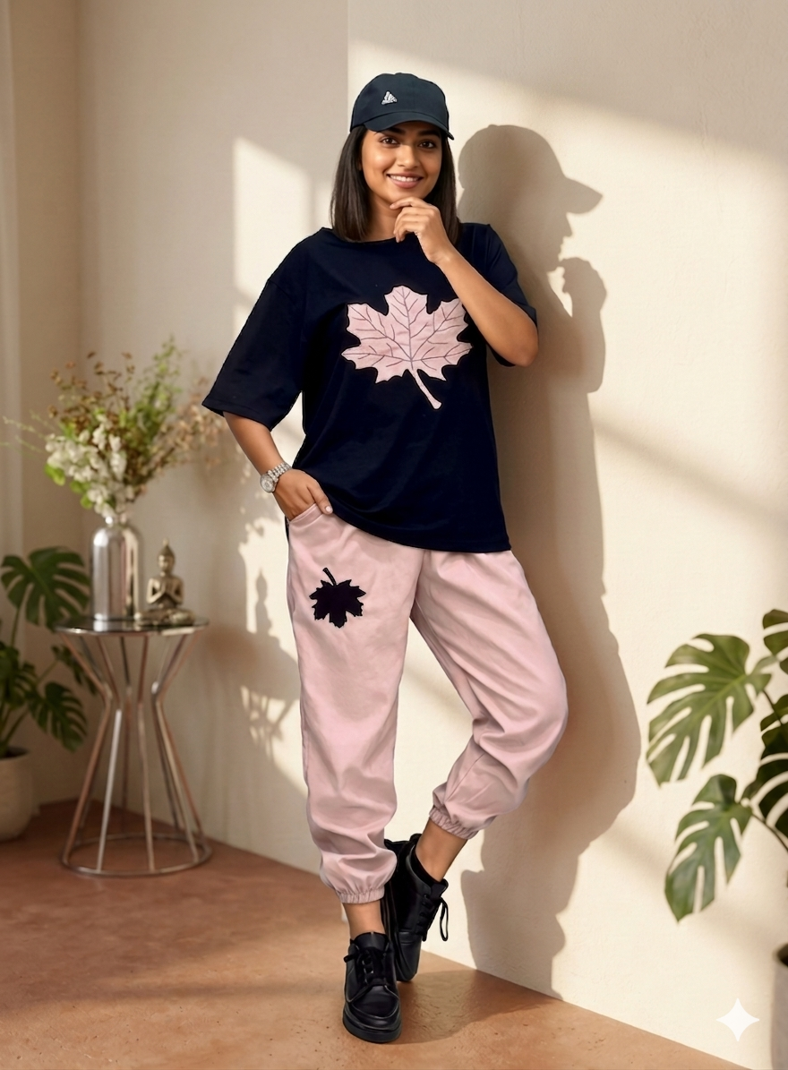 LEAF PRINTED BLACK TRACK SUIT