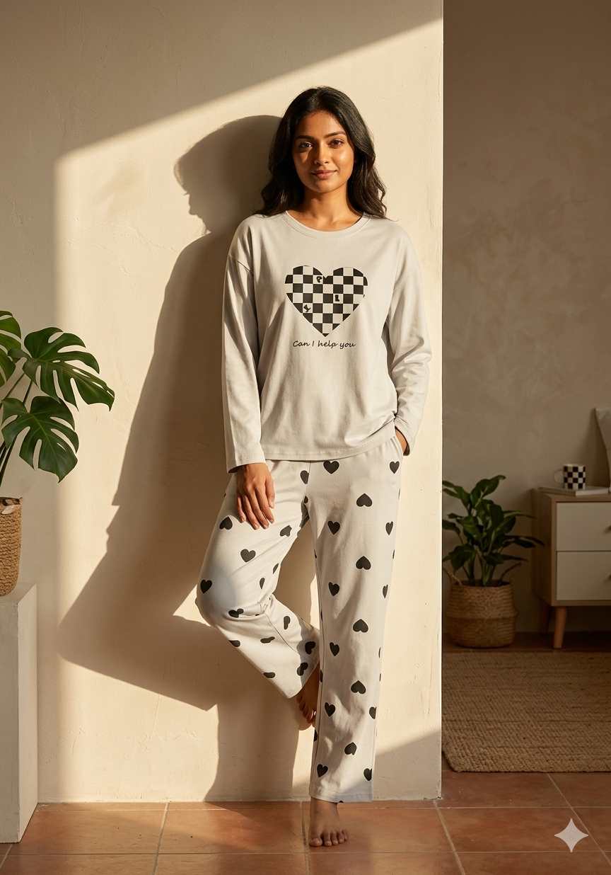 CHECKERED HEART PRINTED PJ SUIT FULL SLEEVES