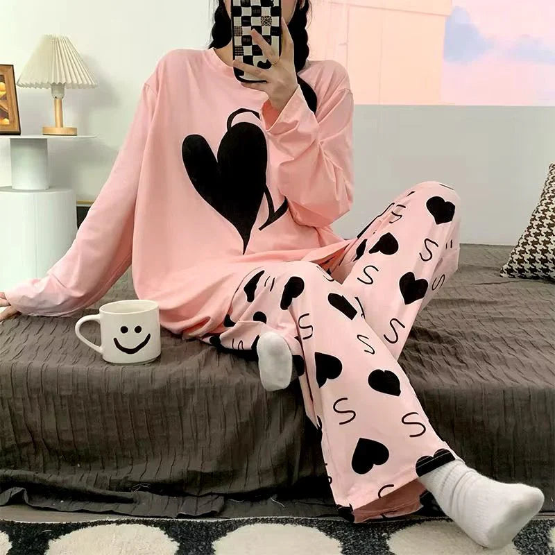 Double Heart Printed PJ Suit Full Sleeves- pink