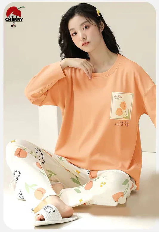 11.11 Sale ORANGE POCKET FLOWER PRINTED PJ SUIT FULL SLEEVES