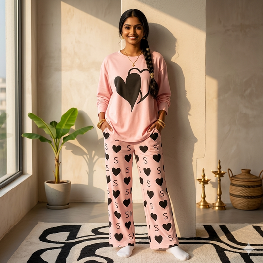 Double Heart Printed PJ Suit Full Sleeves- pink