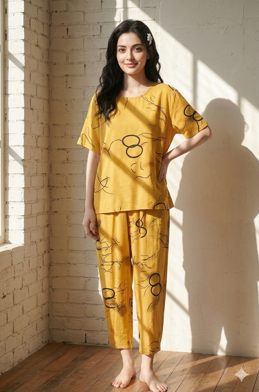 Yellow Ring Printed Capri Night Suit