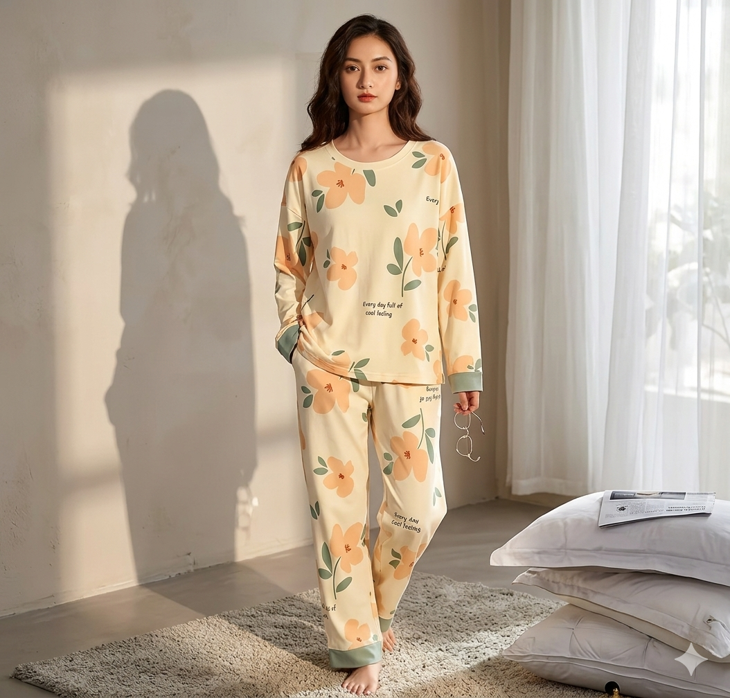 ORANGE FLOWER PRINTED PJ SUIT FULL SLEEVES
