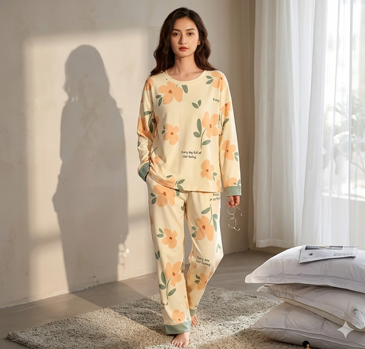 ORANGE FLOWER PRINTED PJ SUIT FULL SLEEVES