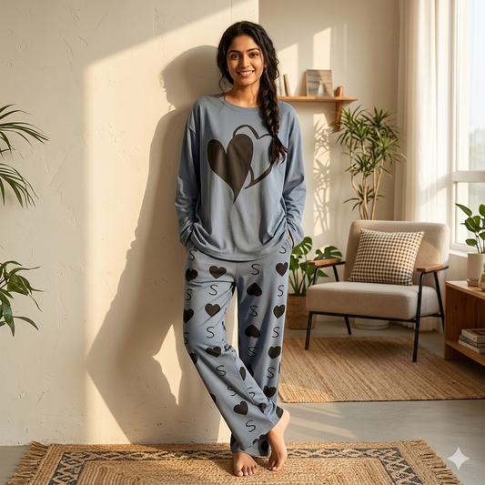 Double Heart Printed PJ Suit - Grey Full Sleeves