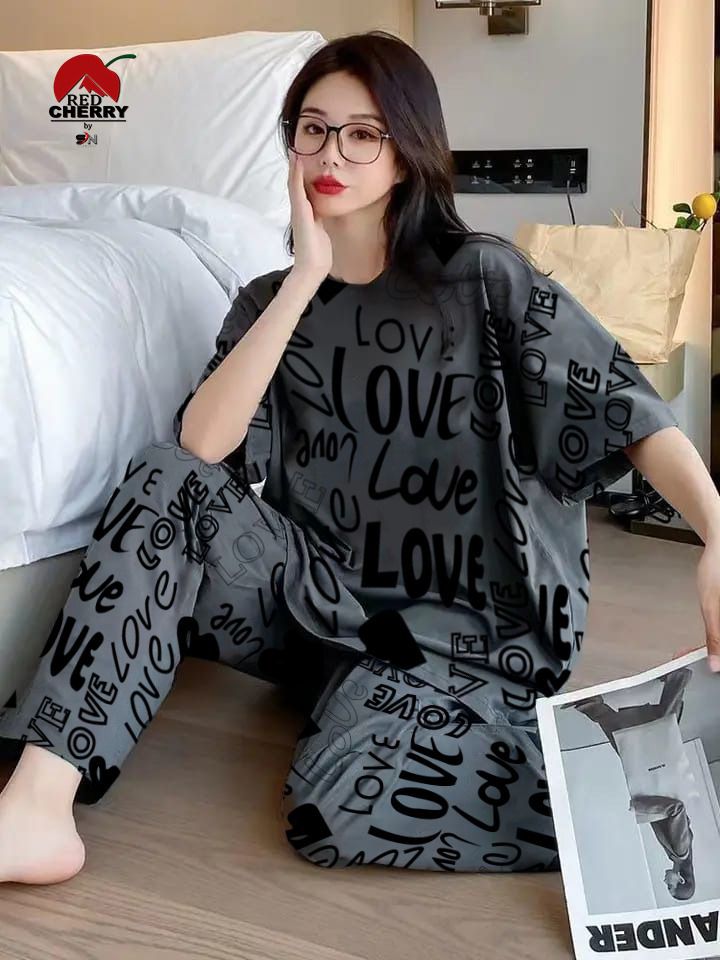 Love Drop Shoulder Charcoal Printed PJ Suit