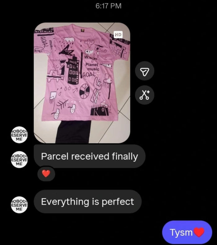 Customer photo of their PJ set with the message: parcel received, everything is perfect