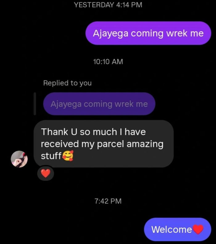 Customer message: thank you so much, I have received my parcel, amazing stuff