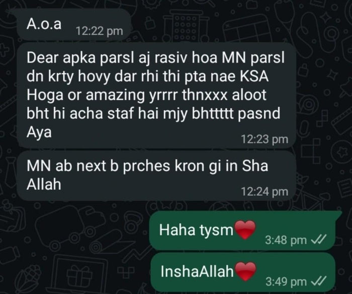 Customer WhatsApp message: received the parcel today, amazing, really liked it, will buy again