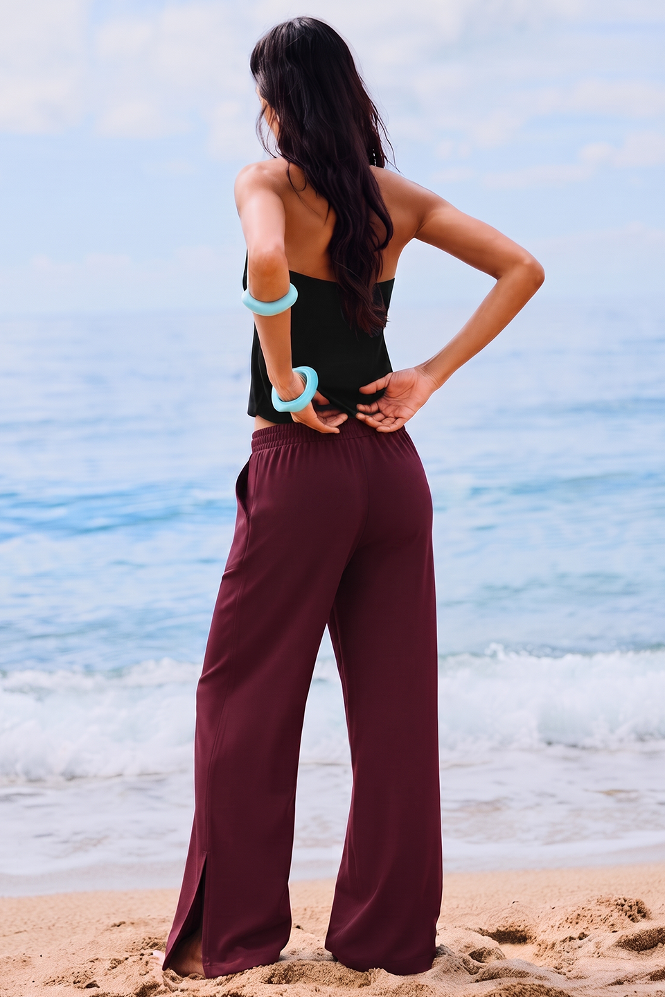 Women Smart Pocket Wide-leg Trouser - Maroon