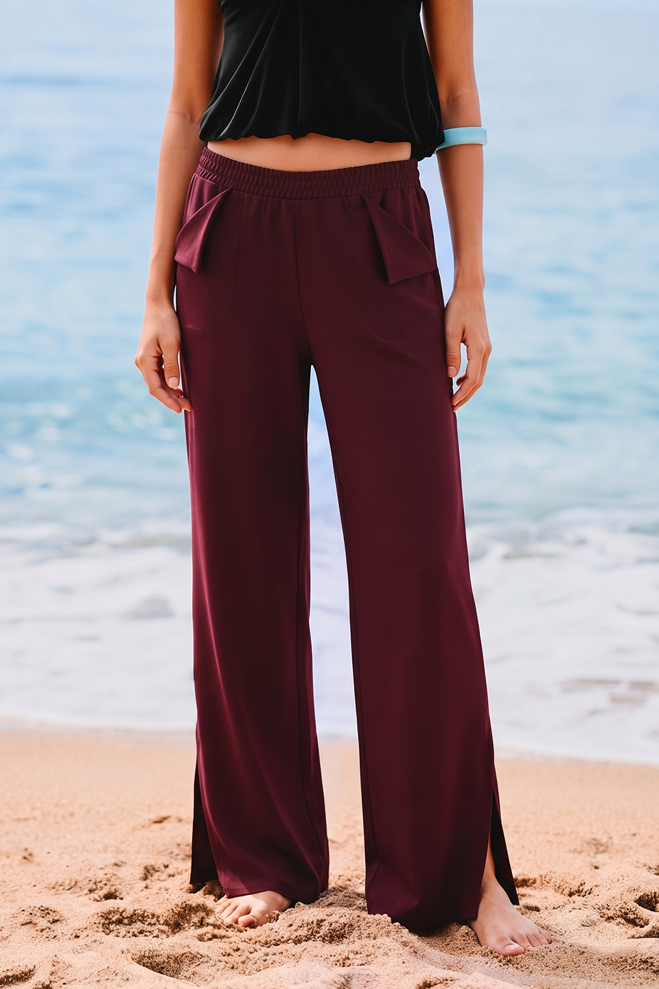 Women Smart Pocket Wide-leg Trouser - Maroon