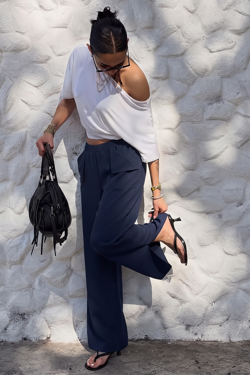 Women Smart Pocket Wide-leg Trouser - Navy Blue
