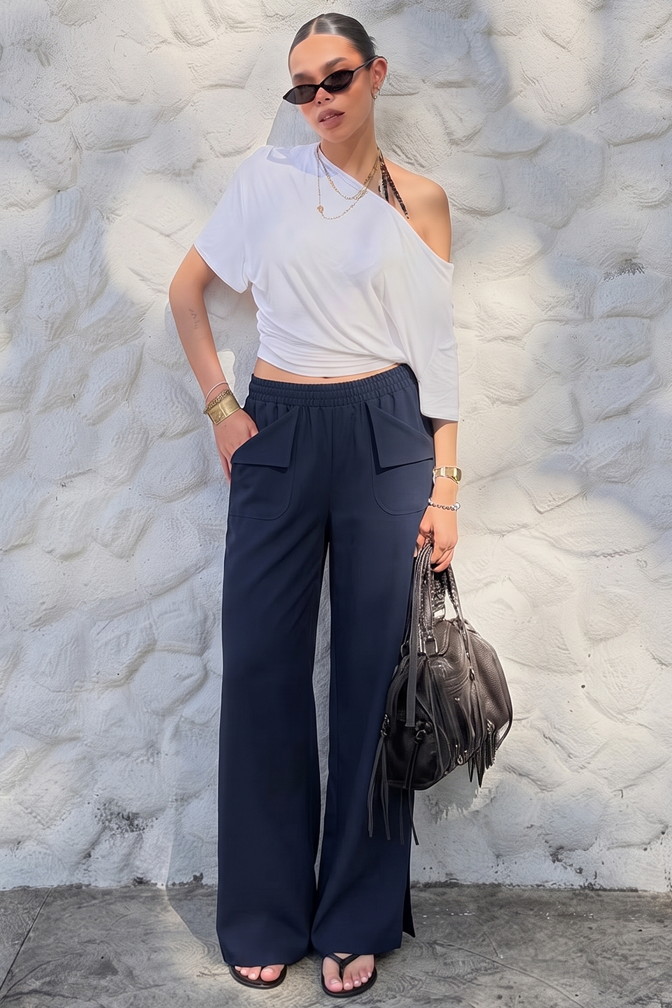 Women Smart Pocket Wide-leg Trouser - Navy Blue