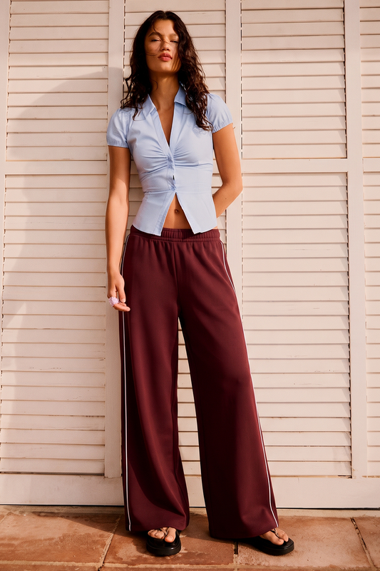 Women Wide-leg Plush Trouser With Trim Detail - Maroon