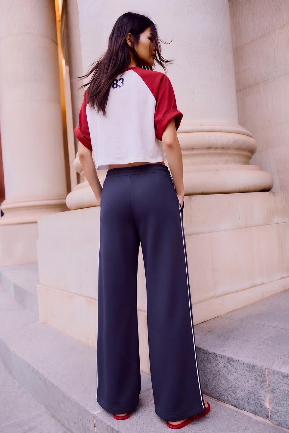 Women Wide-leg Plush Trouser With Trim Detail - Navy Blue