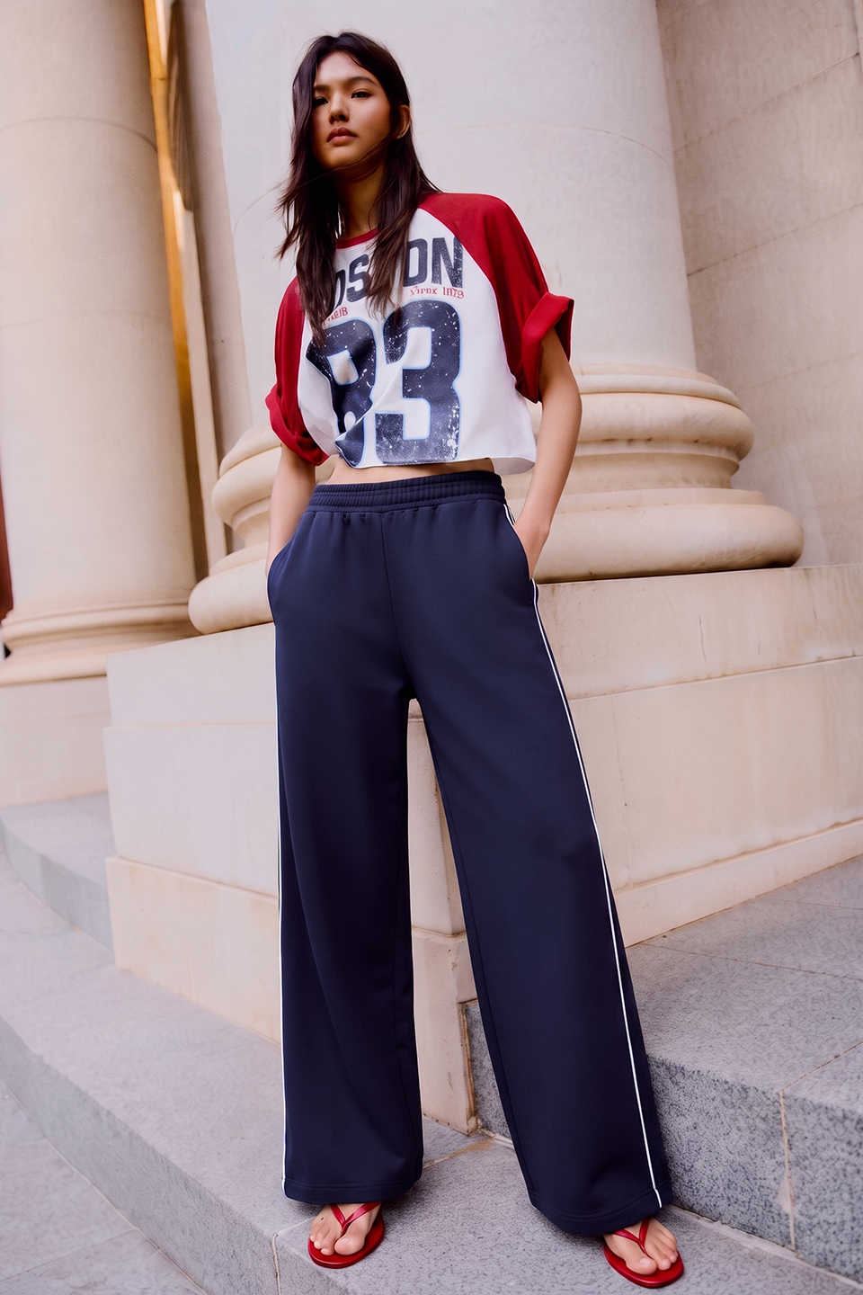 Women Wide-leg Plush Trouser With Trim Detail - Navy Blue