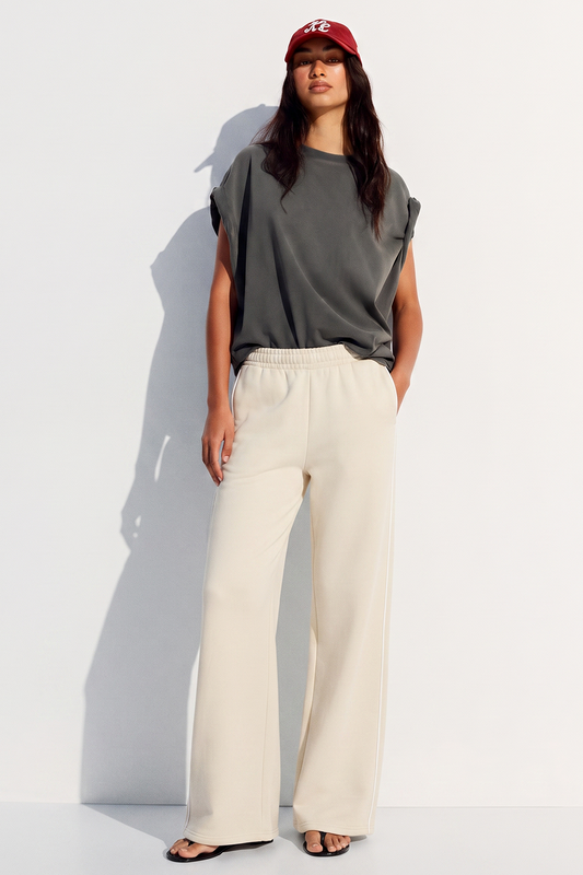 Women Wide-leg Plush Trouser With Trim Detail - Oat Milk