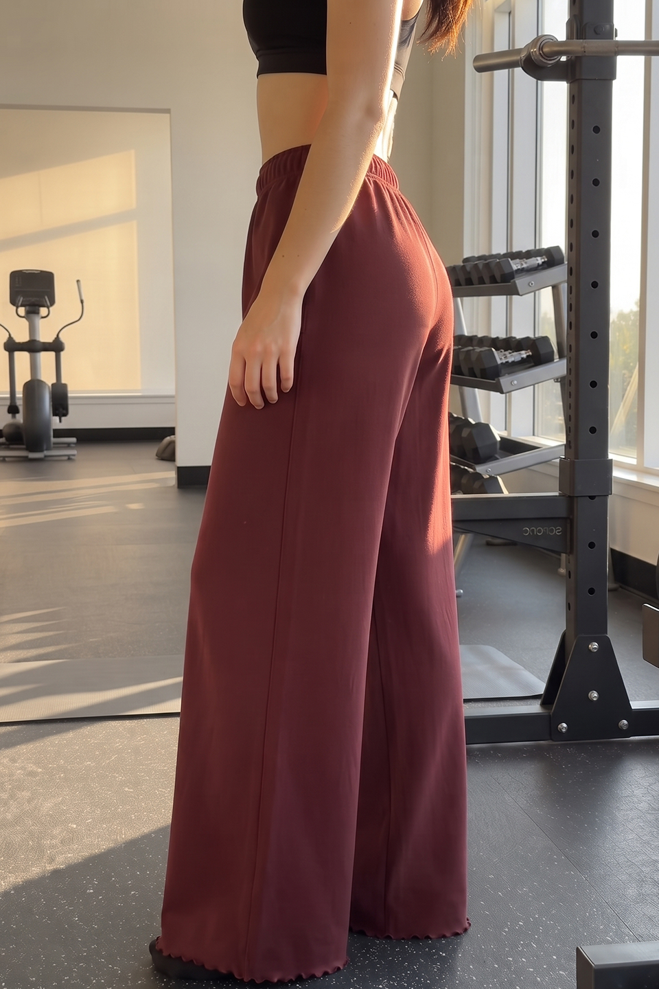 Women Wide-leg Trouser With Scalloped Edge - Maroon